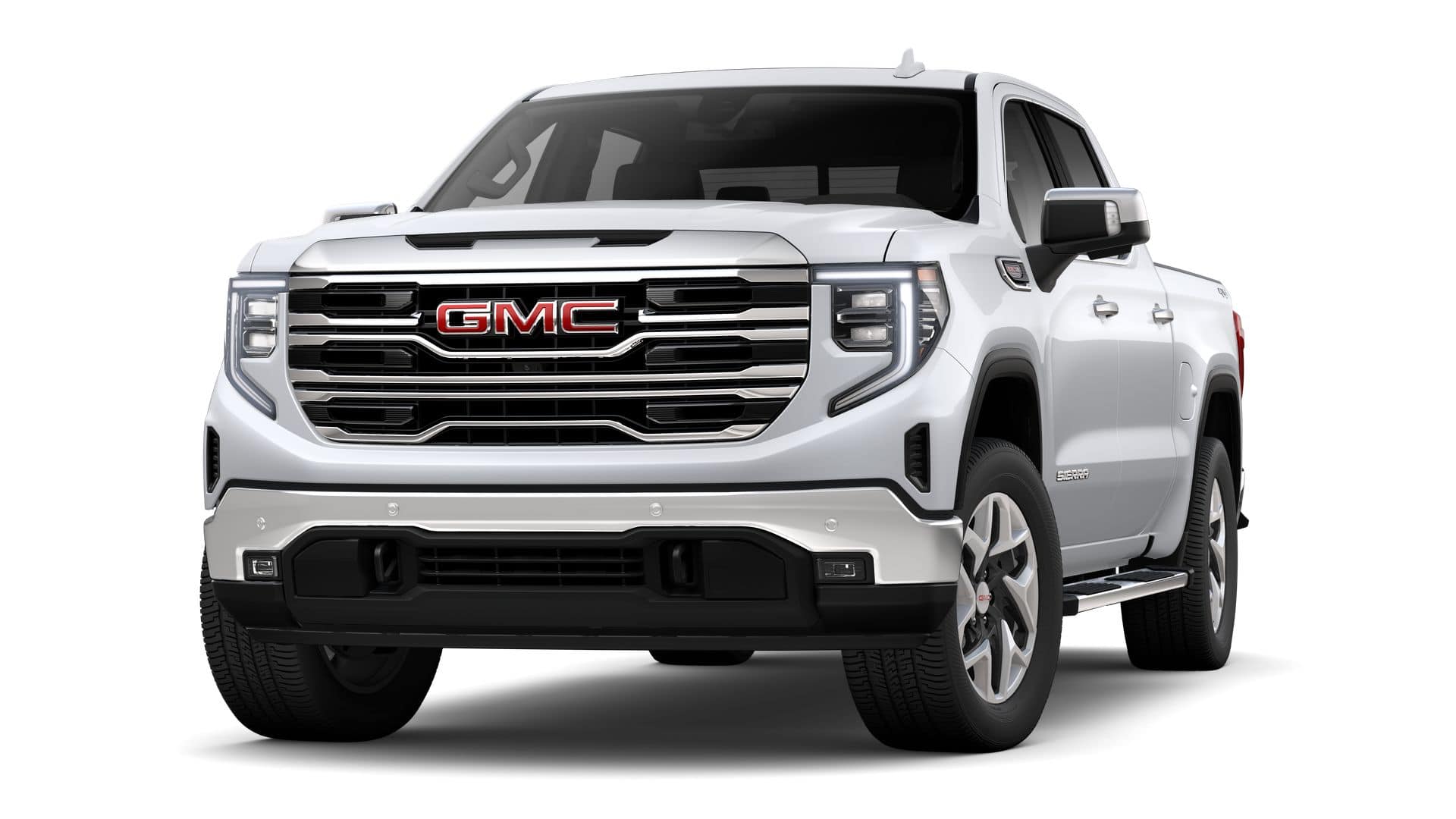 2026 GMC Sierra 1500 SLT in Glacier White Tricoat — front three-quarter view